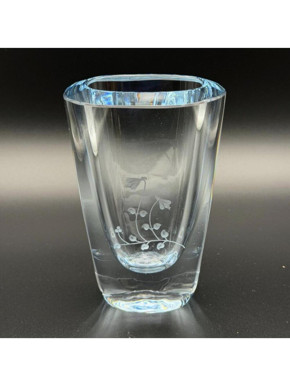 Mid Century Strombergshyttan Signed Swedish Crystal Vase Floral Etched 5.5"- 110